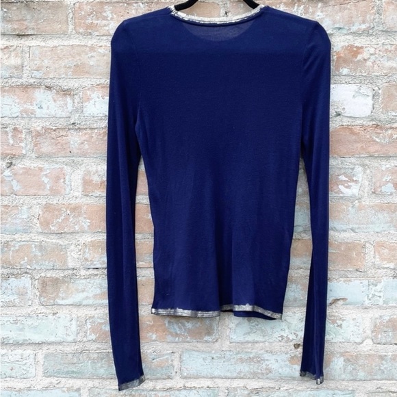 NWOT Zadig & Voltaire Willy Foil T-Shirt Navy Long Sleeve Silver Foil Tee, XS - Picture 12 of 14